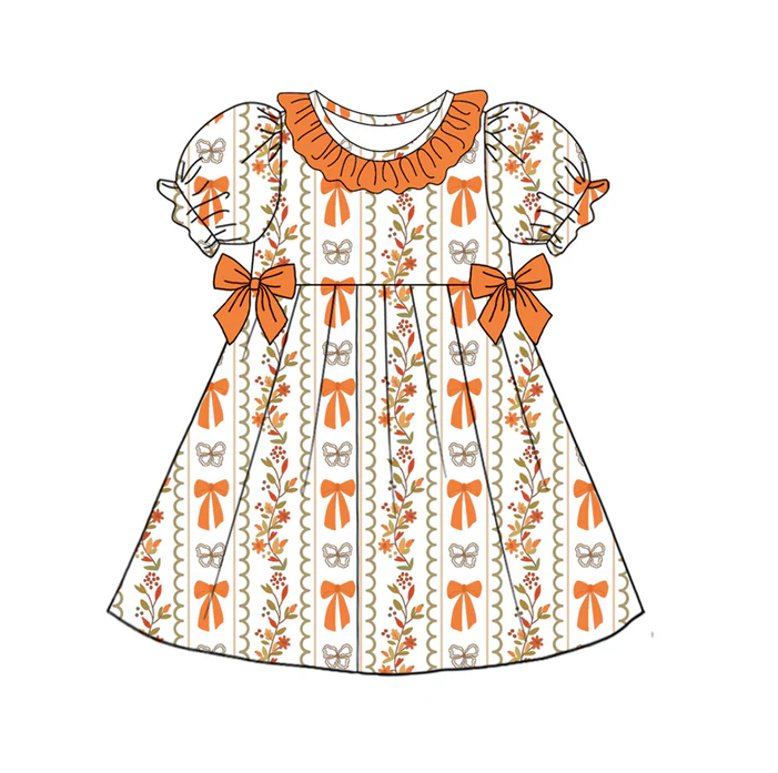 5.19 Preorder (moq 5)Baby Girls Orange Short Ruffle Sleeves Butterfly Bows Floral Knee Length Dresses