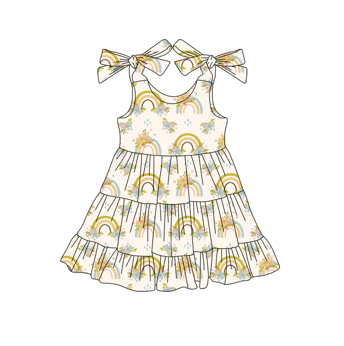 5.19 Preorder (moq 5)Baby Girls Strap Yellow Rainbows Floral Knee Length Dresses