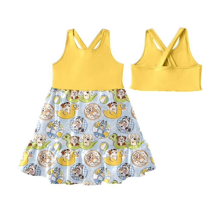 5.19 Preorder (moq 5)Baby Girls Yellow Sleeveless Colorful Dogs Patchwork Knee Length Dress