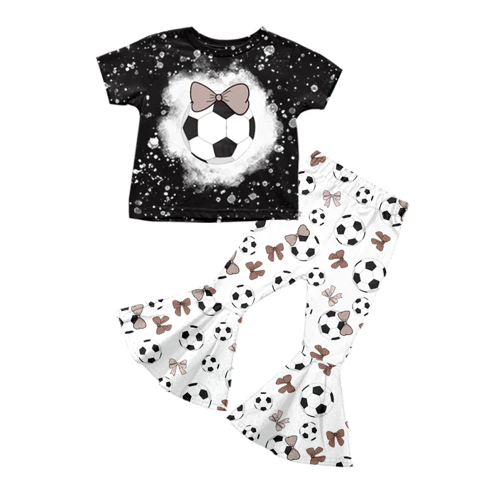 5.19 Preorder (moq 5)Baby Girls Black Short Sleeves Football Bows Top White Bell Bottom Pant Set