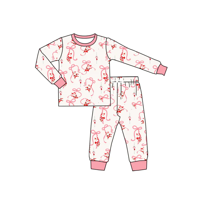 5.20 Preorder (moq 5)Baby Girls Long Sleeves Pink Bows Santa Top Pant Pajamas Set