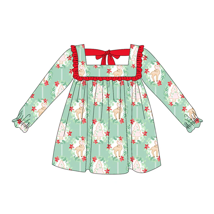 5.20 Preorder (moq 5)Baby Girls Long Ruffle Sleeves Green Trees Deer Plaid Knee Length Dresses