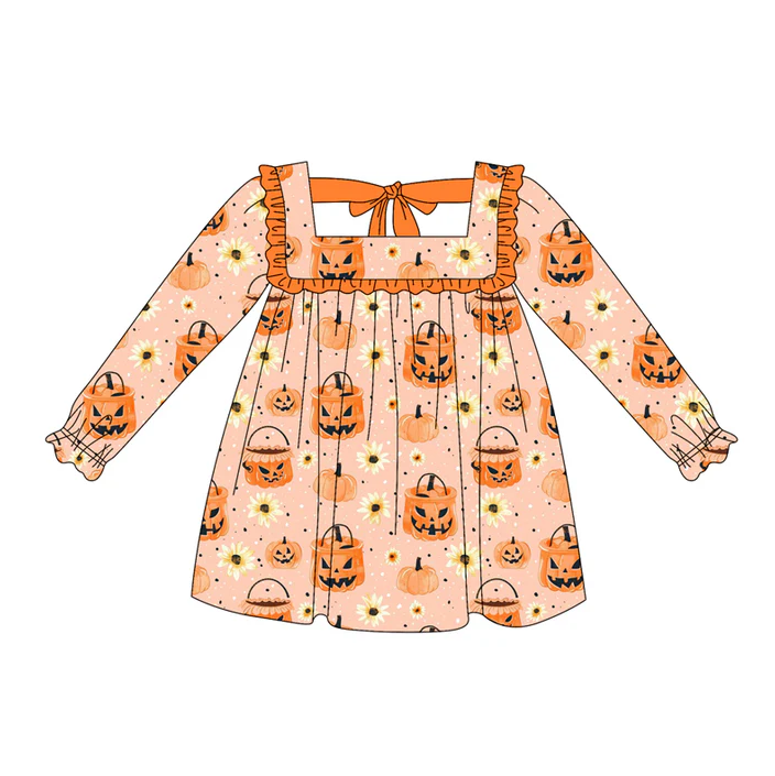 5.20 Preorder (moq 5)Baby Girls Long Ruffle Sleeves Orange Pumpkins Flowers Knee Length Dresses