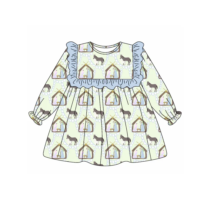 5.20 Preorder (moq 5)Baby Girls Blue Long Ruffle Sleeves Donkey Jesus Plaid Knee Length Dresses