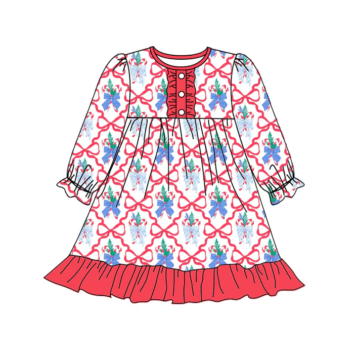 5.20 Preorder (moq 5)Baby Girls Long Ruffle Sleeves Red Bows Candy Cane Button Knee Length Dresses