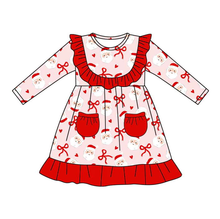 5.20 Preorder (moq 5)Baby Girls Red Long Sleeves Bows Santa Pockets Ruffle Knee Length Dresses