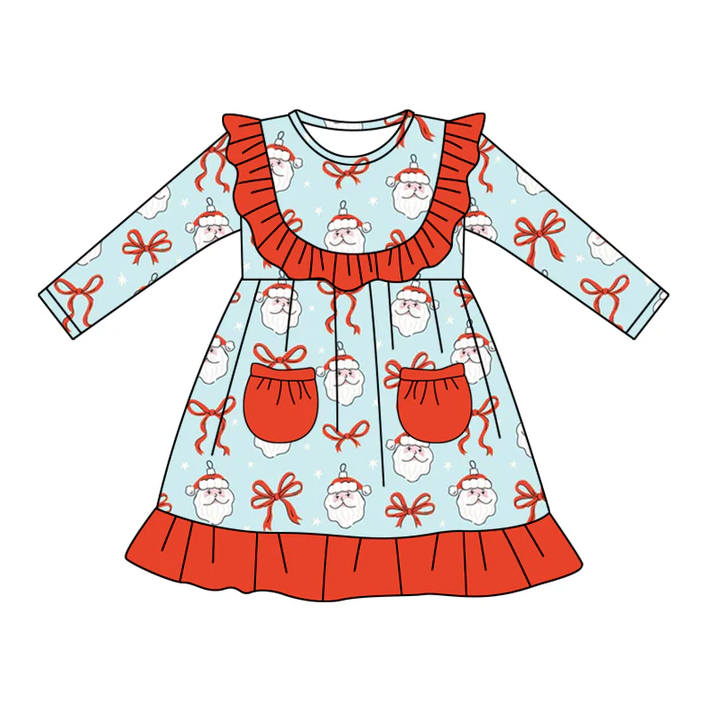 5.20 Preorder (moq 5)Baby Girls Blue Long Sleeves Bows Santa Pockets Ruffle Knee Length Dresses