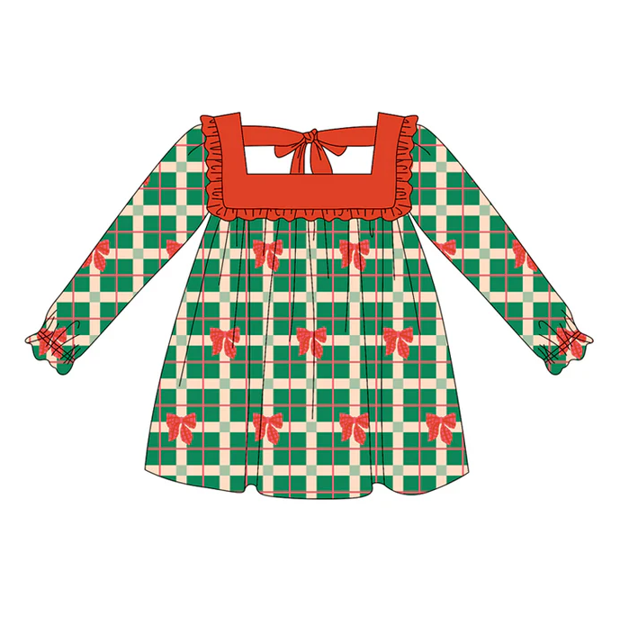 5.20 Preorder (moq 5)Baby Girls Long Ruffle Sleeves Green Plaid Red Bows Knee Length Dresses