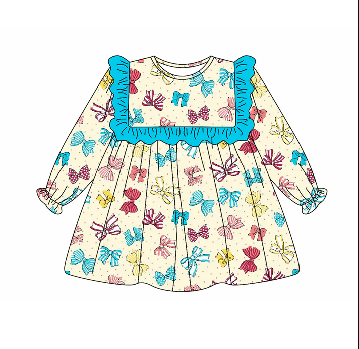 5.20 Preorder (moq 5)Baby Girls Long Ruffle Sleeves Colorful Bows Knee Length Dresses