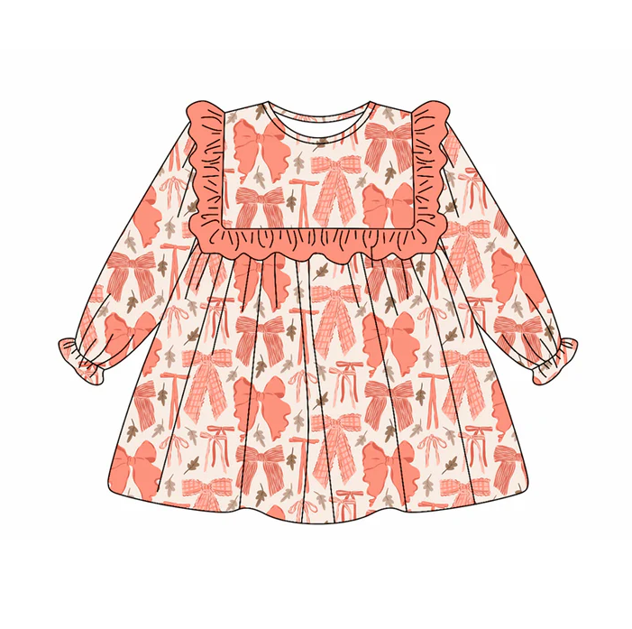 5.20 Preorder (moq 5)Baby Girls Long Ruffle Sleeves Peach Leaves Bows Knee Length Dresses