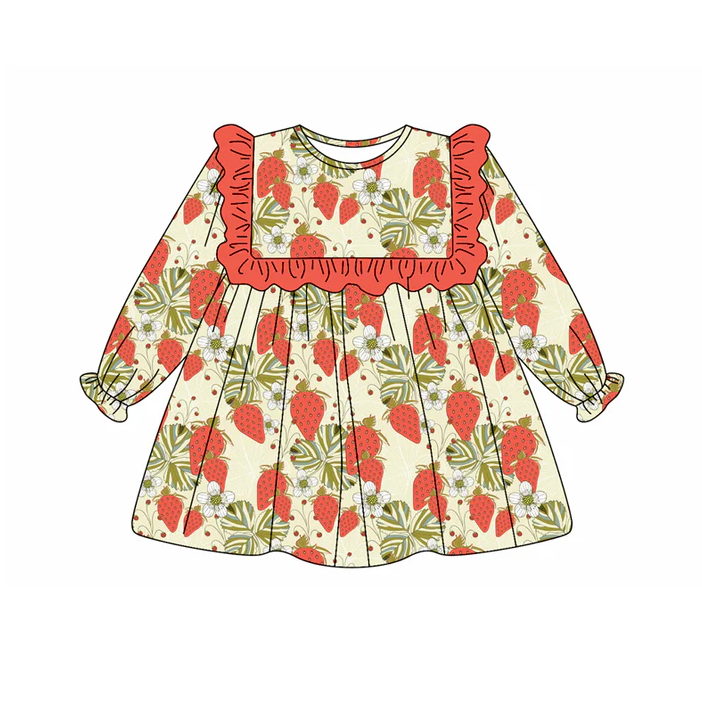 5.20 Preorder (moq 5)Baby Girls Long Ruffle Sleeves Leaves Strawberry Knee Length Dresses