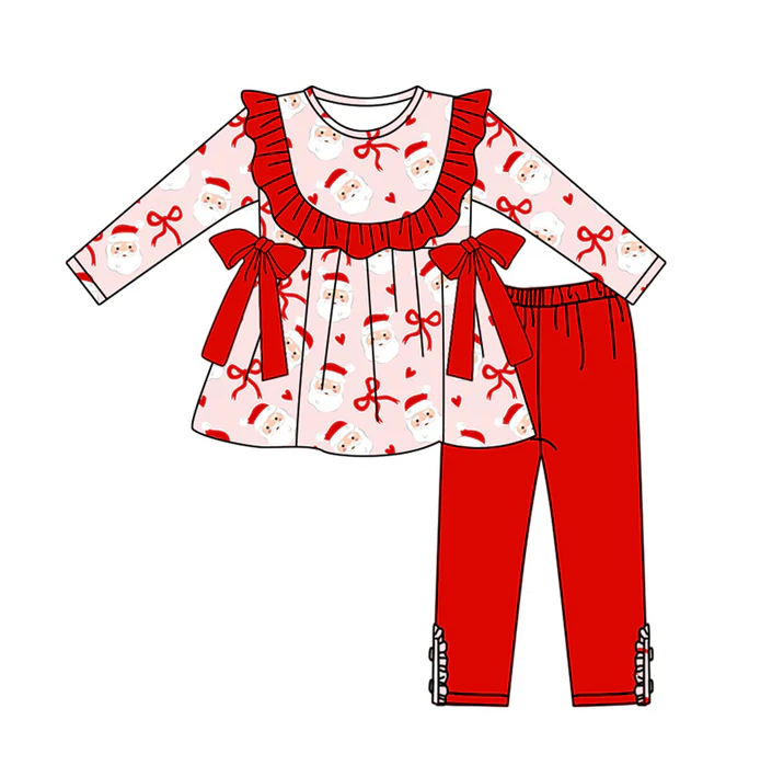 5.20 Preorder (moq 5)Baby Girls Red Long Sleeves Bows Santa Tunic Legging Pant Set