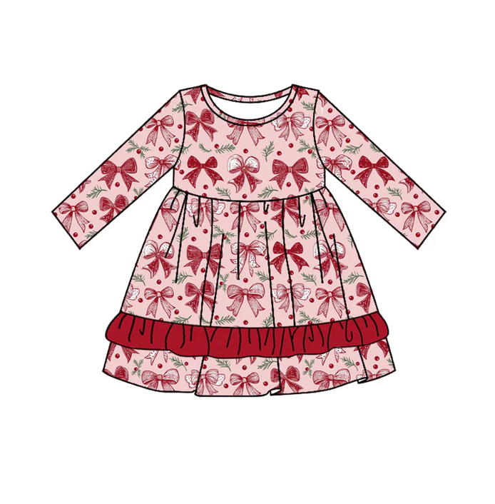 5.20 Preorder (moq 5)Baby Girls Hot Pink Long Sleeves Bows Plaid Knee Length Dresses