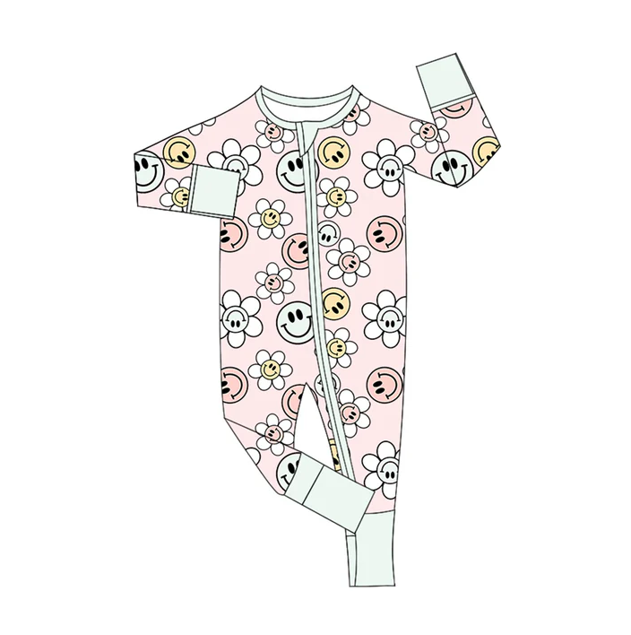 5.21 Preorder (moq 5)Baby Girls Pink Long Sleeves Smiles Flowers Zipper Rompers