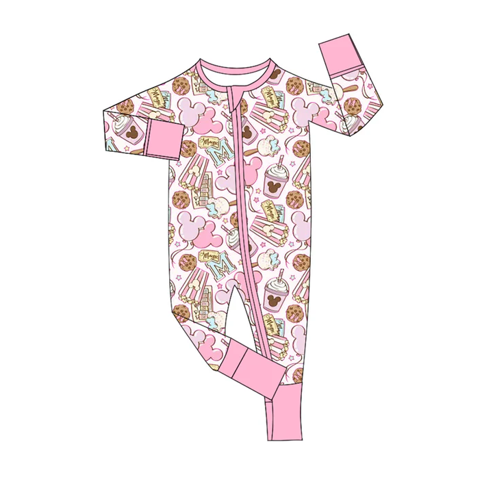 5.21 Preorder (moq 5)Baby Girls Pink Long Sleeves Cartoon Mouse Cookie Zipper Rompers
