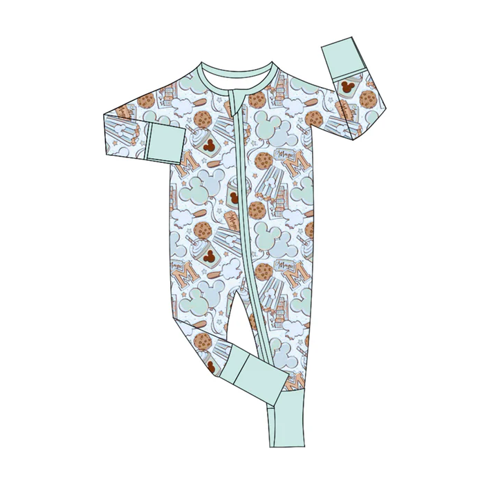 5.21 Preorder (moq 5)Baby Boys Blue Long Sleeves Cartoon Mouse Cookie Zipper Rompers