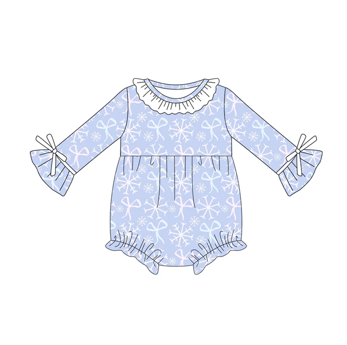 5.21 Preorder (moq 5)Baby Girls Long Sleeves Blue Bows Snowflake Ruffle Rompers