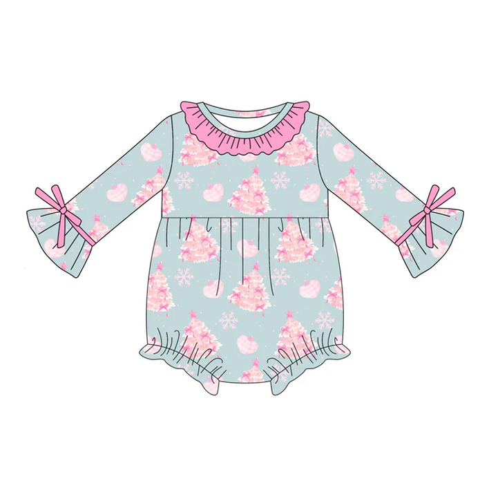 5.21 Preorder (moq 5)Baby Girls Blue Long Sleeves Snowflake Trees Ruffle Rompers