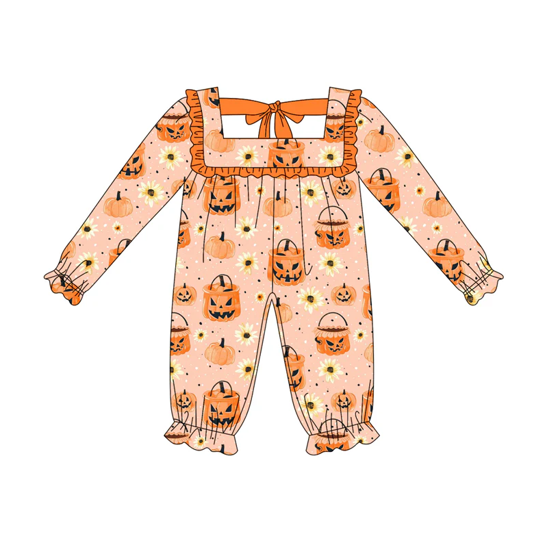 5.21 Preorder (moq 5)Baby Girls Long Sleeves Orange Pumpkins Flowers Ruffle Rompers