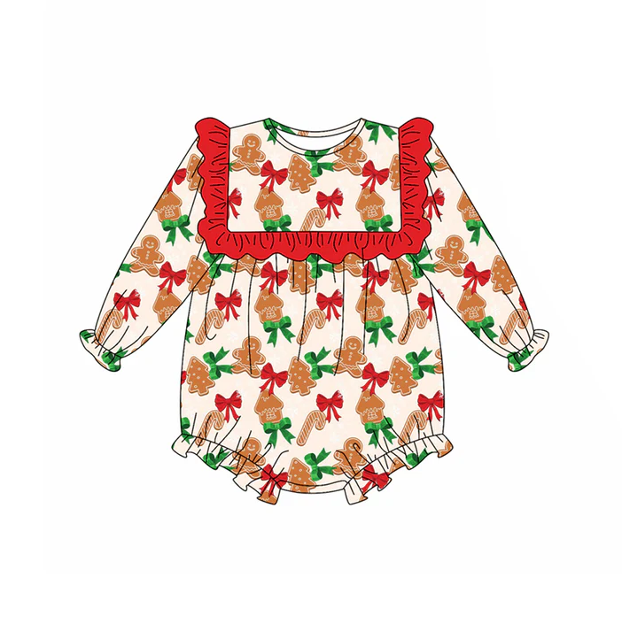 5.21 Preorder (moq 5)Baby Girls Long Sleeves Red Bows Gingerbread Ruffle Rompers