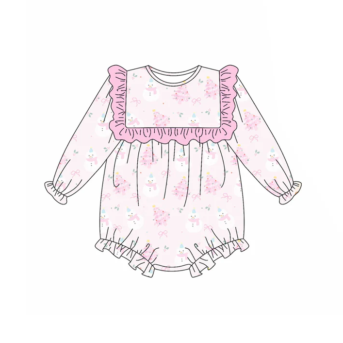 5.21 Preorder (moq 5)Baby Girls Long Sleeves Pink Snowmen Trees Ruffle Rompers