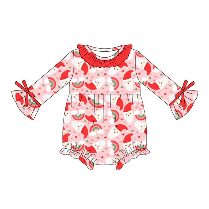 5.21 Preorder (moq 5)Baby Girls Long Sleeves Red Rainbows Santa Ruffle Rompers
