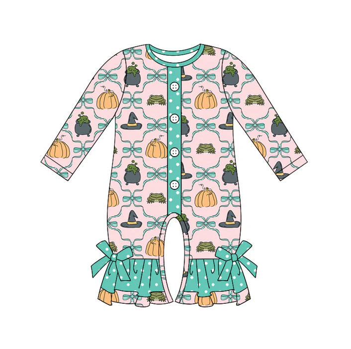 5.21 Preorder (moq 5)Baby Girls Pink Long Sleeves Bows Magic Hats Button Ruffle Rompers