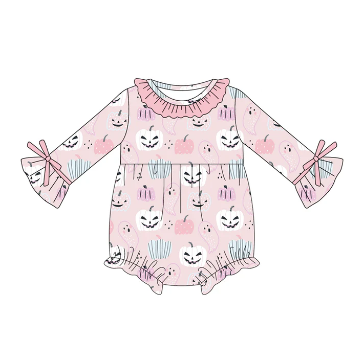 5.21 Preorder (moq 5)Baby Girls Pink Long Sleeves Ghosts Pumpkins Ruffle Rompers