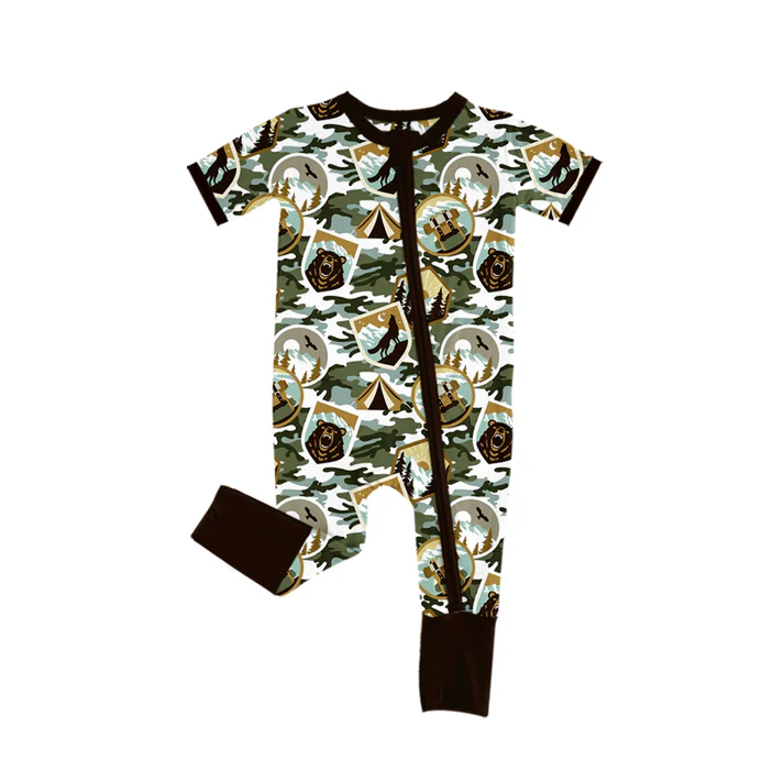 5.21 Preorder (moq 5)Baby Boys Short Sleeves Western Camo Wolf Zipper Rompers