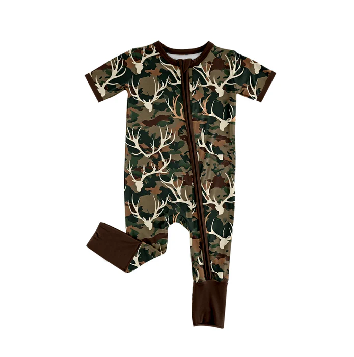 5.21 Preorder (moq 5)Baby Boys Short Sleeves Dark Brown Deer Camo Zipper Rompers
