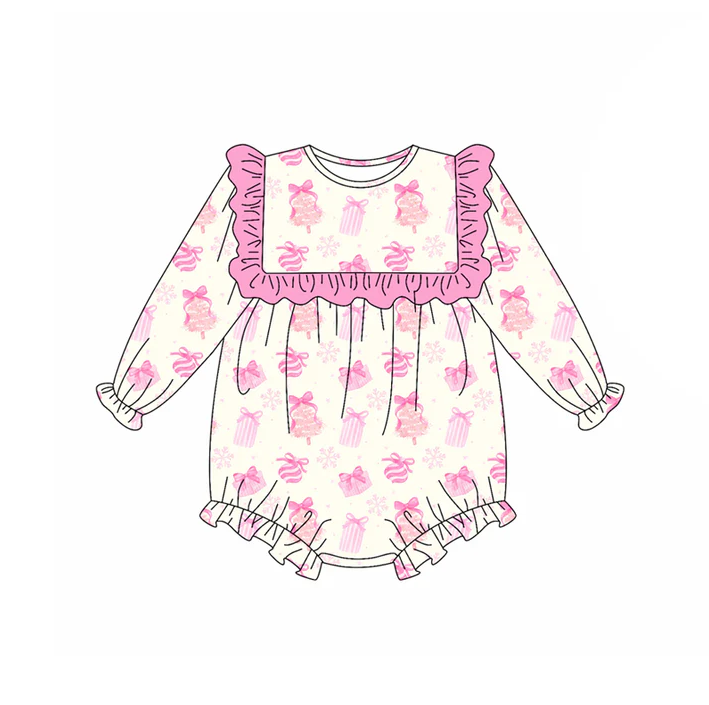 5.21 Preorder (moq 5)Baby Girls Long Sleeves Pink Bows Gifts Ruffle Rompers