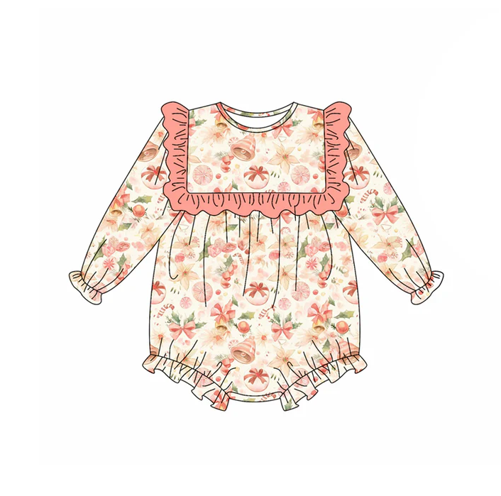5.22 Preorder (moq 5)Baby Girls Long Sleeves Pink Pumpkins Floral Ruffle Rompers