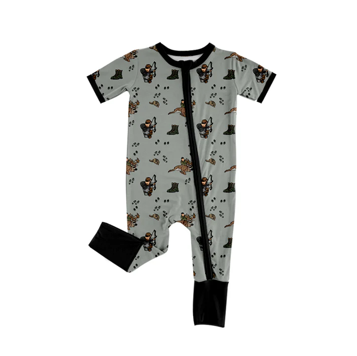 5.22 Preorder (moq 5)Baby Boys Gray Short Sleeves Boots Hunting Zipper Rompers