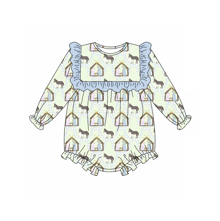 5.22 Preorder (moq 5)Baby Girls Long Sleeves Donkey Jesus Ruffle Rompers