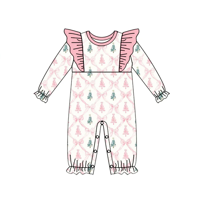 5.22 Preorder (moq 5)Baby Girls Long Sleeves Pink Bows Tress Plaid Ruffle Rompers