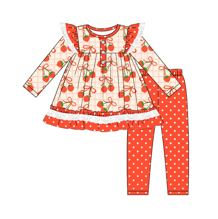5.22 Preorder (moq 5)Baby Girls Red Plaid Bows Strawberry Tunic Polka Dots Legging Pant Set