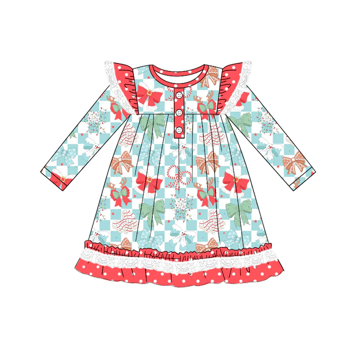 5.22 Preorder (moq 5)Baby Girls Long Sleeves Blue Plaid Colorful Bows Ruffle Button Knee Length Dresses