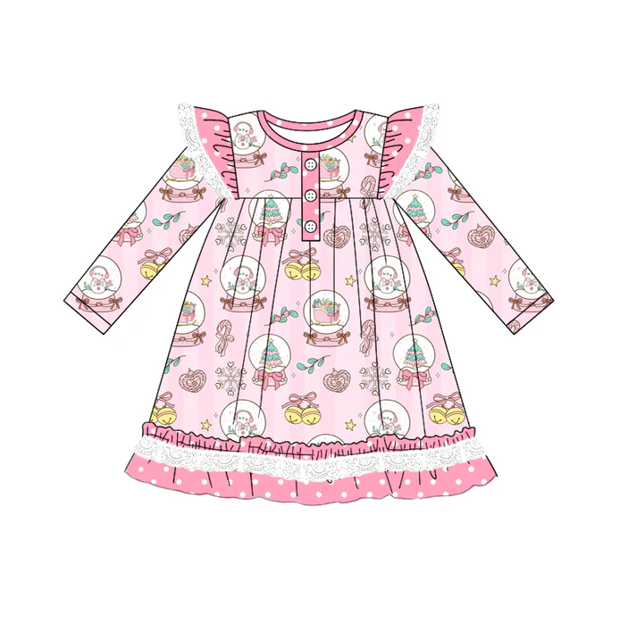 5.22 Preorder (moq 5)Baby Girls Long Sleeves Pink Snowmen Trees Ruffle Button Knee Length Dresses