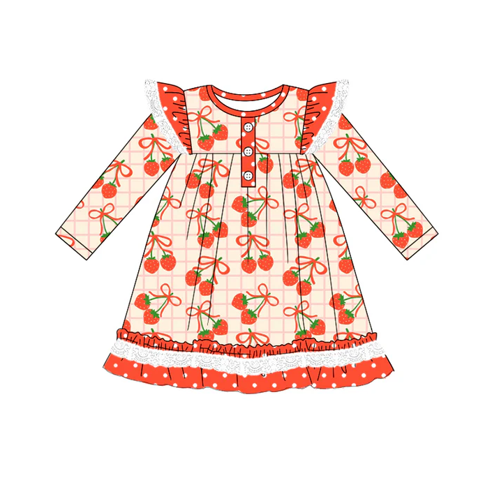 5.22 Preorder (moq 5)Baby Girls Long Sleeves Red Plaid Bows Strawberry Ruffle Button Knee Length Dresses