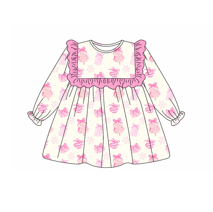 5.22 Preorder (moq 5)Baby Girls Long Ruffle Sleeves Pink Bows Gifts Knee Length Dresses