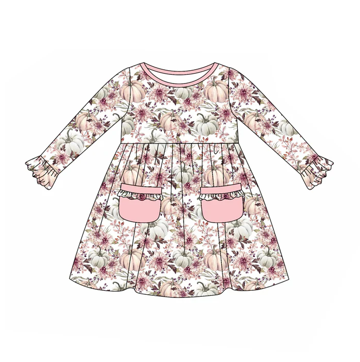 5.22 Preorder (moq 5)Baby Girls Long Sleeves Pink Floral Pumpkins Pockets Ruffle Knee Length Dress