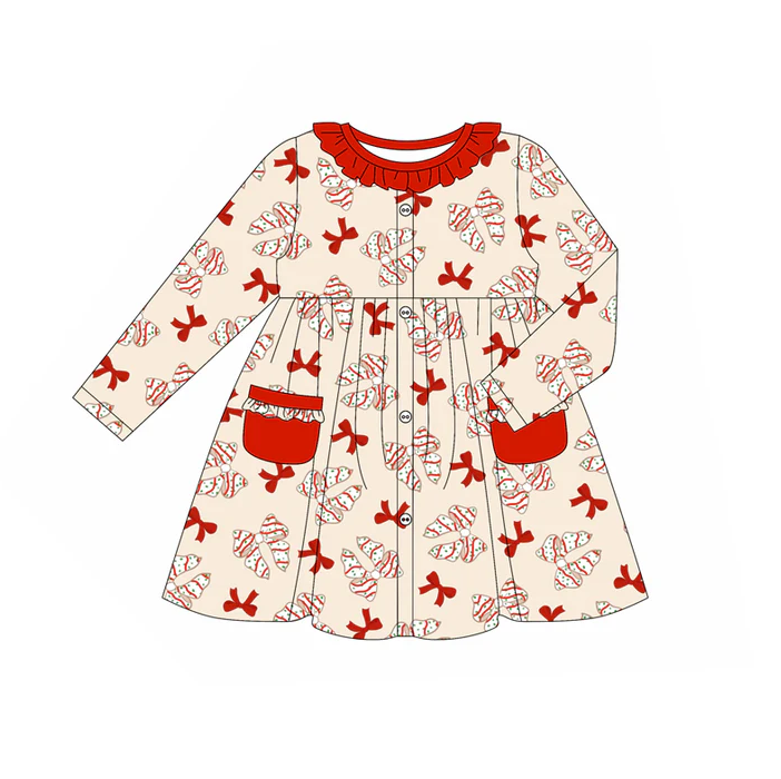 5.22 Preorder (moq 5)Baby Girls Long Sleeves Red Bows Plaid Pockets Ruffle Knee Length Dress