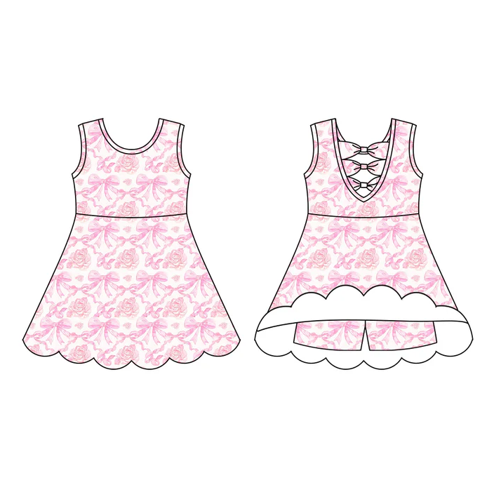 5.23 Preorder (moq 5)Baby Girls Sleeveless Pink Bows Rose Flowers Short Knee Length Dress