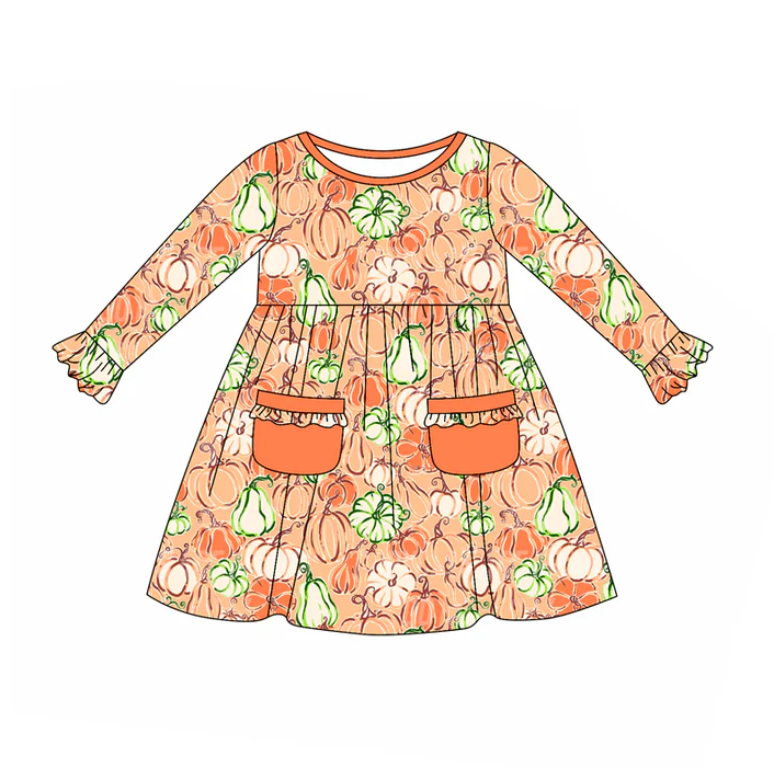 5.23 Preorder (moq 5)Baby Girls Orange Long Ruffle Sleeves Pumpkins Pockets Knee Length Dress
