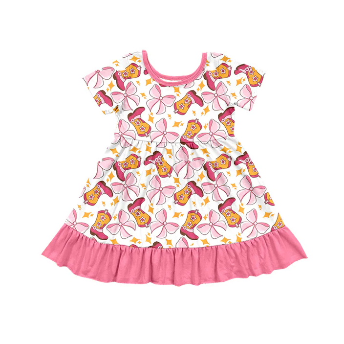 5.22 Preorder (moq 5)Baby Girls Short Sleeves Pink Bows Boots Knee Length Dress