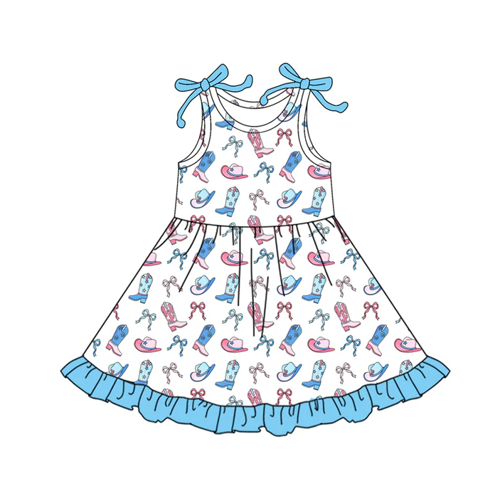 5.22 Preorder (moq 5)Baby Girls Sleeveless Blue Bows Boots Hats Knee Length Dress