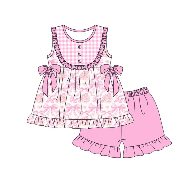 5.23 Preorder (moq 5)Baby Girls Sleeveless Pink Bows Flowers Button Tunic Ruffle Shorts Sets