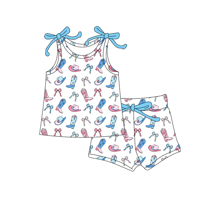 5.23 Preorder (moq 5)Baby Girls Sleeveless Blue Bows Boots Top Shorts With Belt Sets