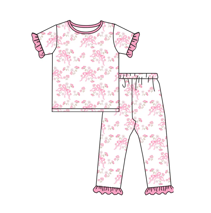 5.23 Preorder (moq 5)Baby Girls Short Ruffle Sleeves Pink Bows Flowers Top Pant Pajamas Set
