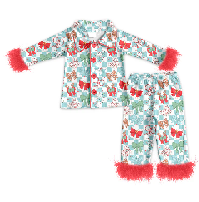 5.23 Preorder (moq 5)Baby Girls Long Sleeves With Fur Blue Plaid Colorful Bows Top Pant Pajamas Set